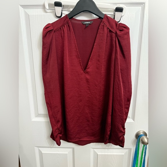 Express Blouse Womens Sz Small Burgundy Red Puff Shoulder Long Sleeve Top Satin - Picture 1 of 5